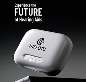 Image of HiFi OTC hearing aids with their case